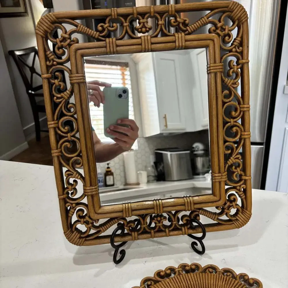Vintage Syroco Faux Bamboo and Rattan Wall Mirror Set of 2